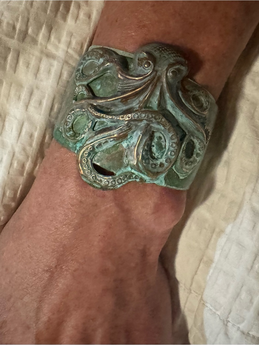 Elaine Coyne Handcrafted Solid Brass Octopus Cuff Bracelet in Verdigris Green